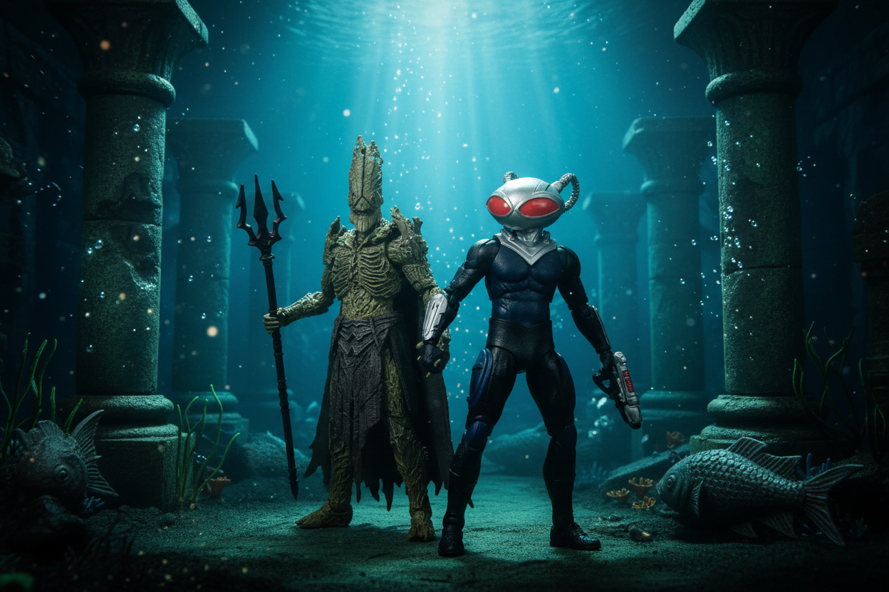 McFarlane DC Multiverse Black Manta & King Kordax in underwater Atlantean setting