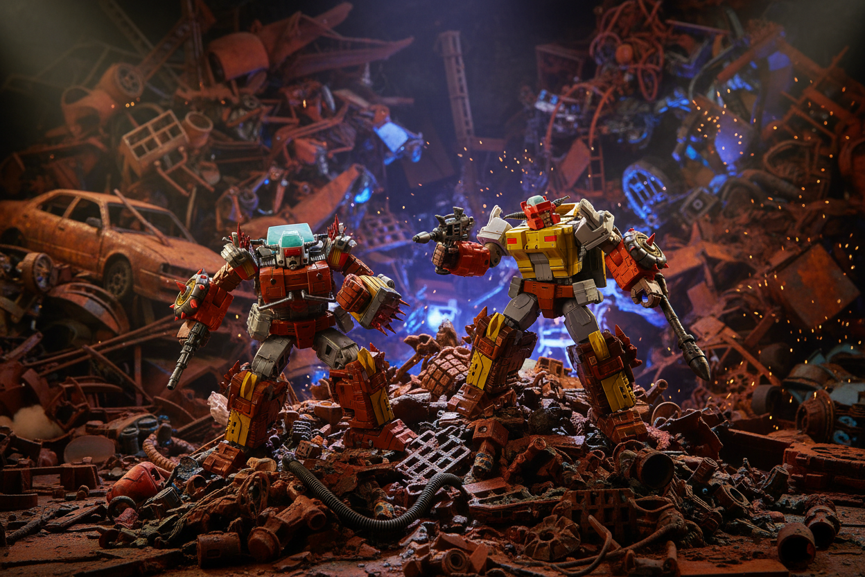 Transformers Studio Series 86 JUNKHEAP and SCRAPHEAP with artistic background