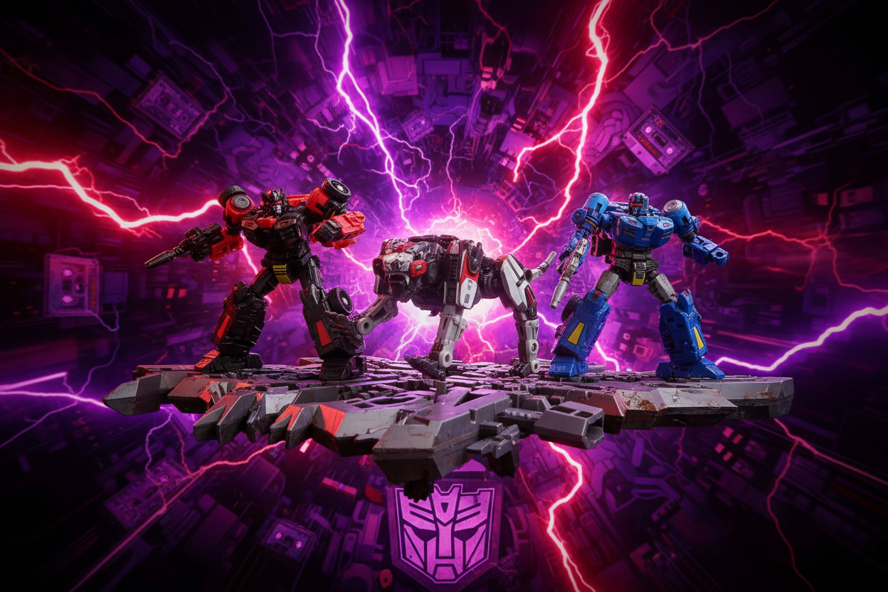 Transformers Studio Series Core Class RAVAGE, FRENZY and RUMBLE with artistic background